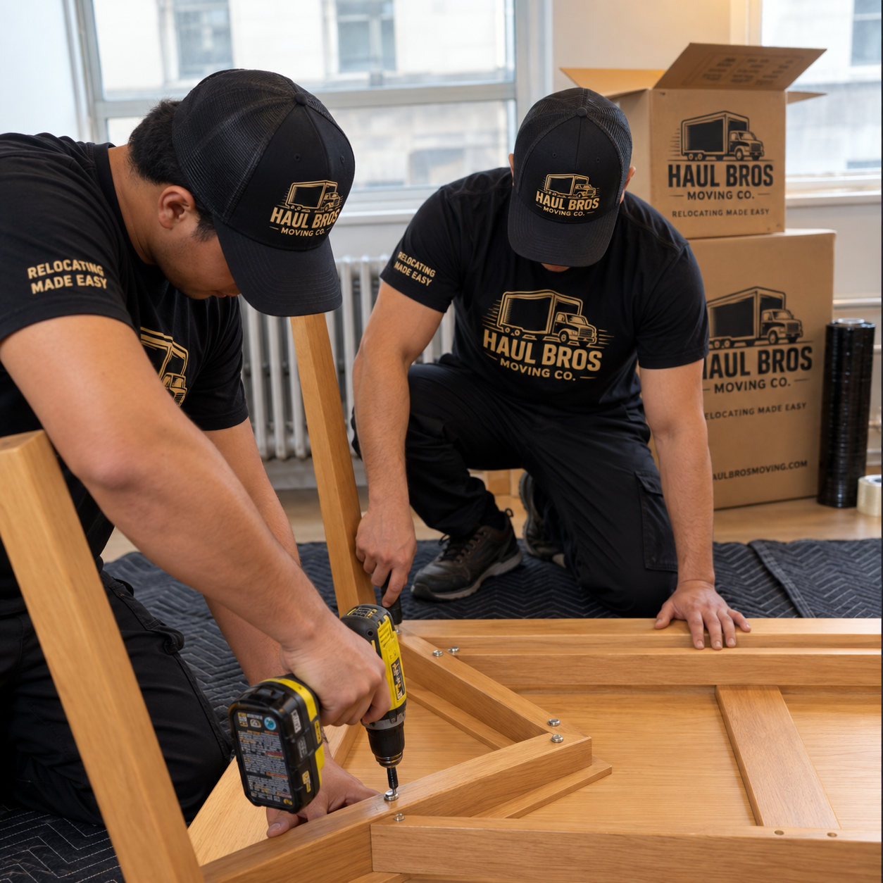 Haul Bros movers assembling a wooden table