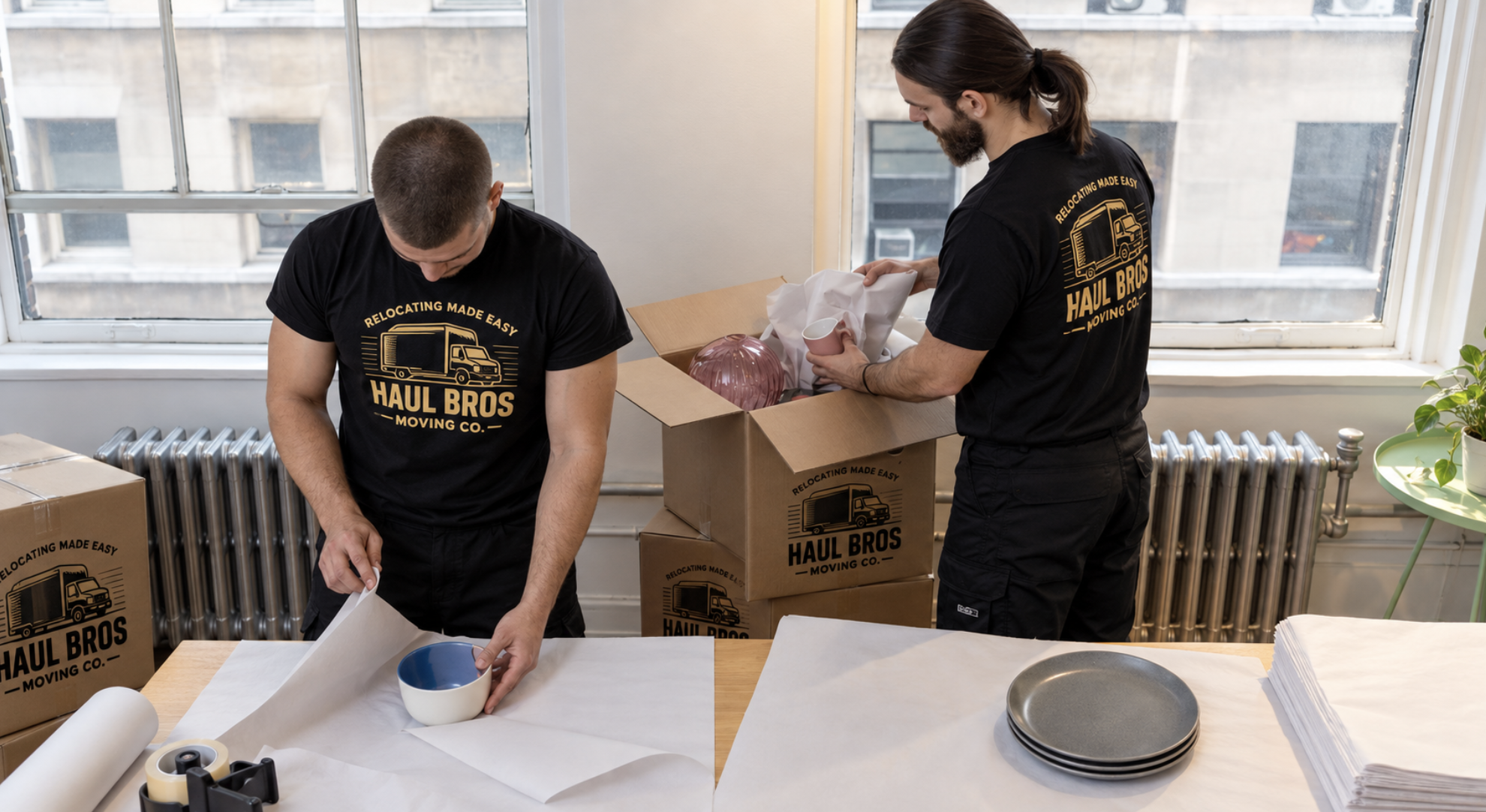 Haul Bros movers wrapping dishes and packing boxes