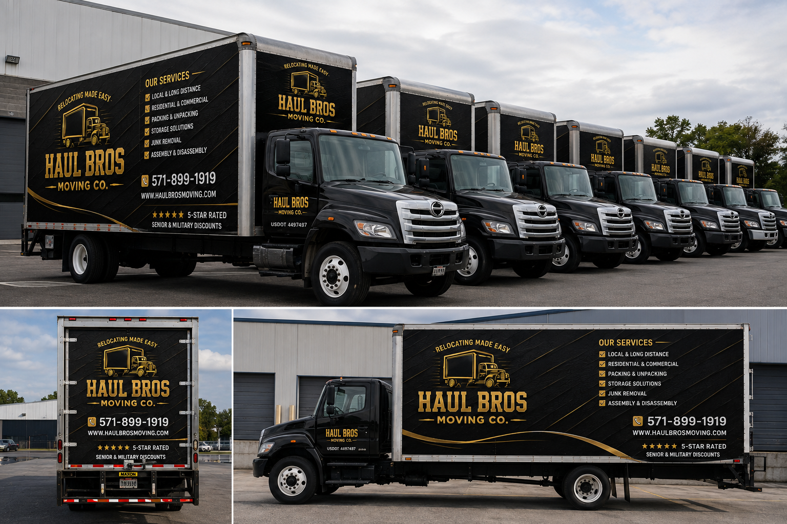 Haul Bros Moving Co. fleet of moving trucks ready for local moves