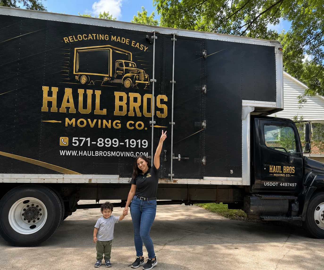 Haul Bros Moving Co. truck with a family in Northern Virginia