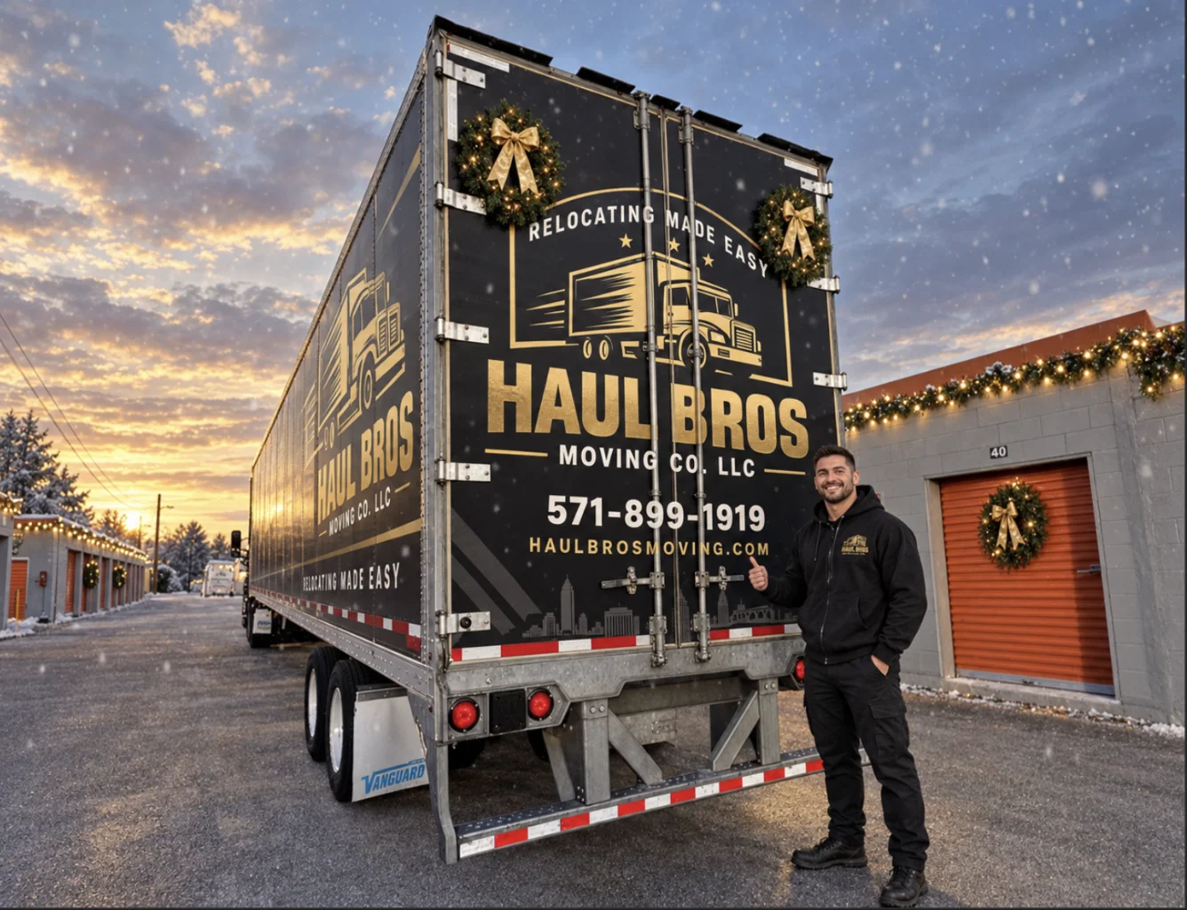 Haul Bros moving truck decorated for the holiday season