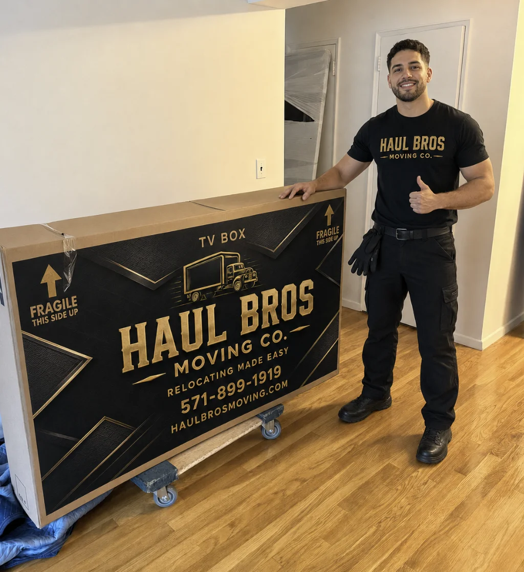 Haul Bros mover beside a television packed in a protective moving box