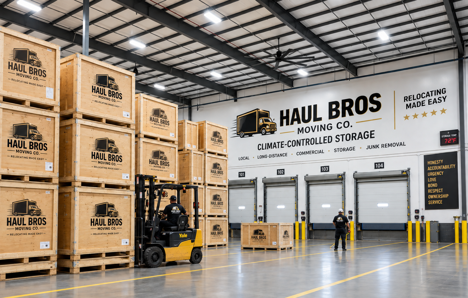 Haul Bros branded storage crates in a warehouse
