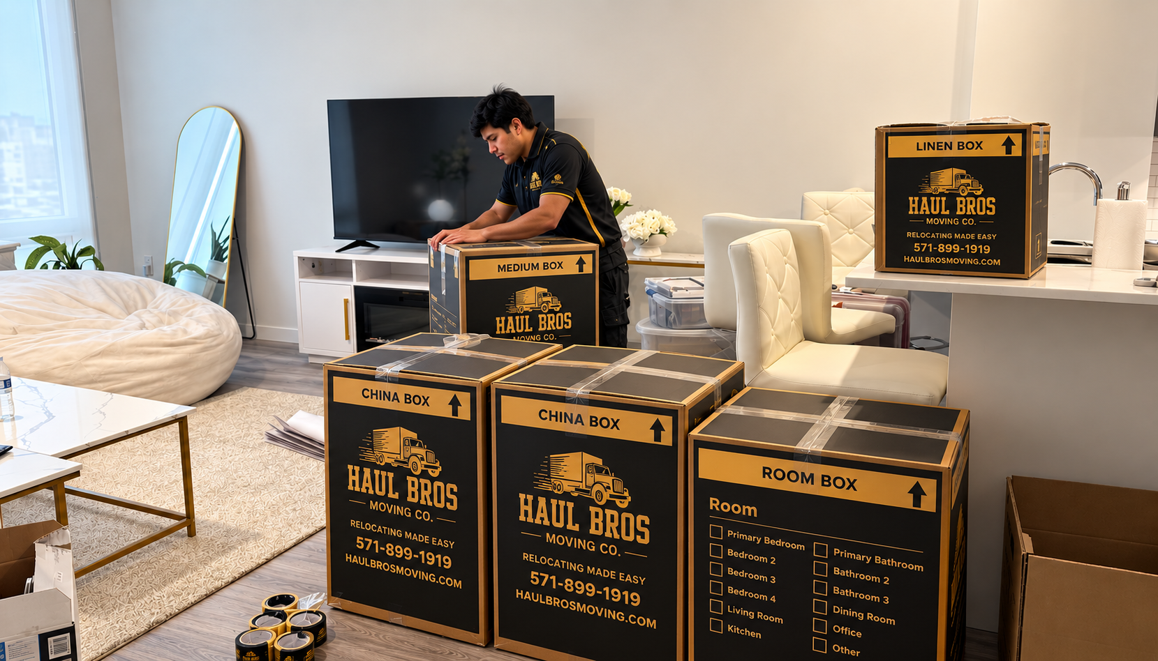Haul Bros mover packing branded boxes in a home