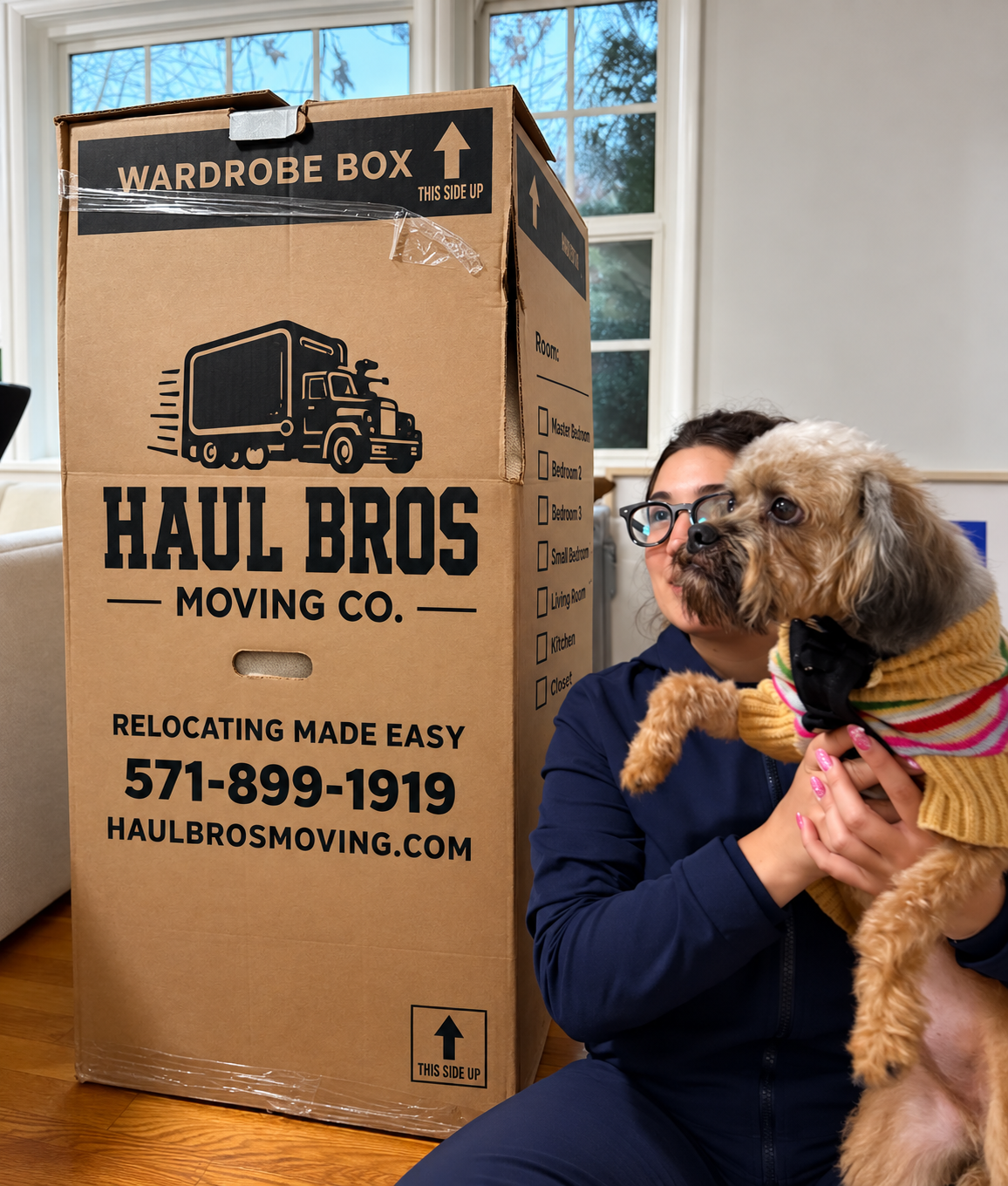 Haul Bros moving box with a customer and dog