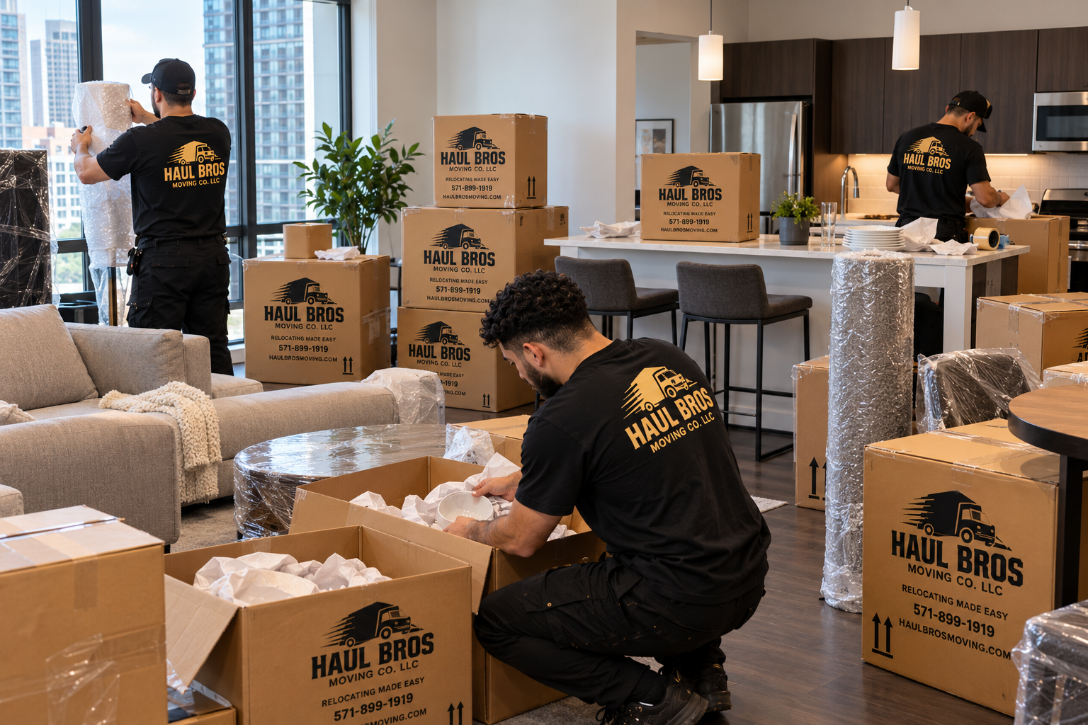 Haul Bros crew packing dishes and protecting furniture in an apartment
