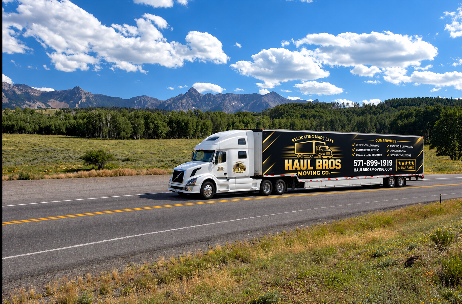 Haul Bros branded truck on a highway with mountains in the background