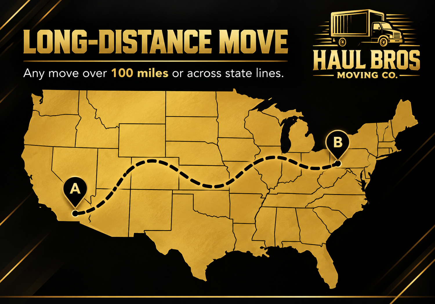 Black-and-gold illustrative United States moving route graphic