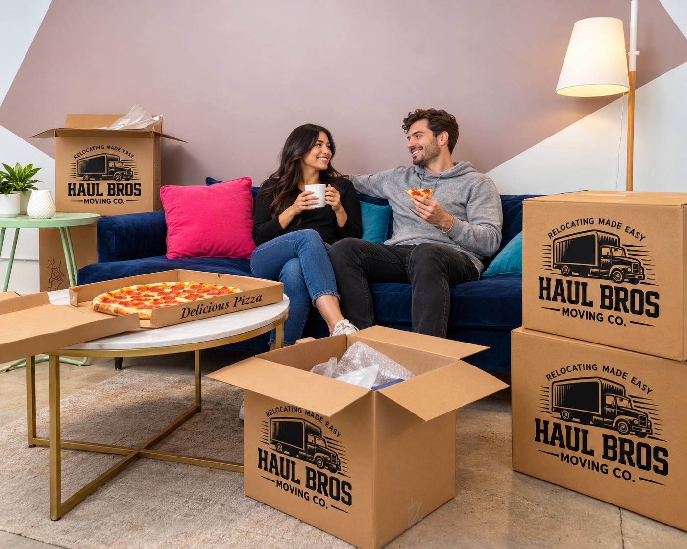 Two people relaxing on a sofa surrounded by Haul Bros moving boxes
