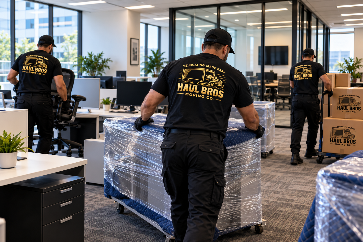 Haul Bros movers transporting protected office furniture