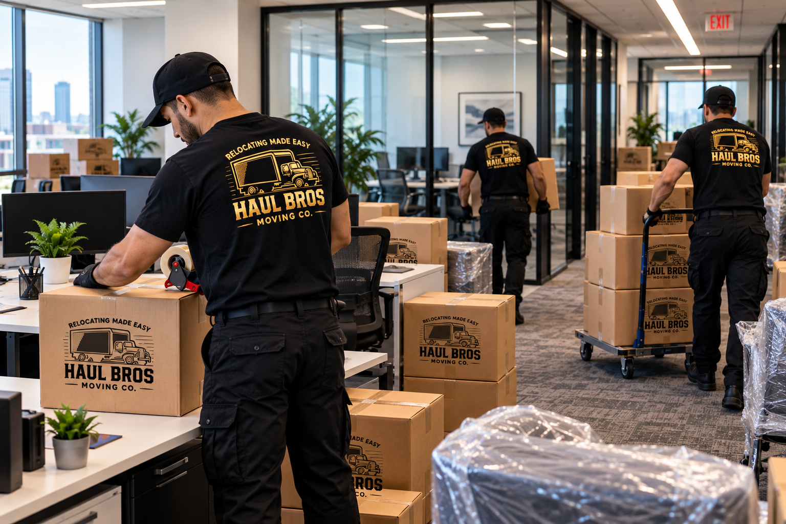 Haul Bros movers packing boxes and moving office contents