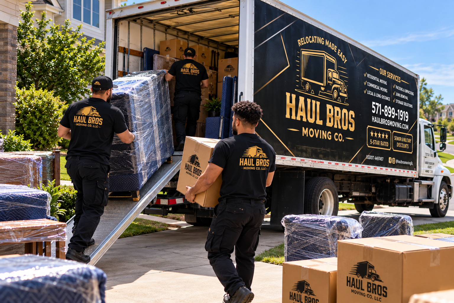 Haul Bros movers loading protected furniture and boxes into a moving truck