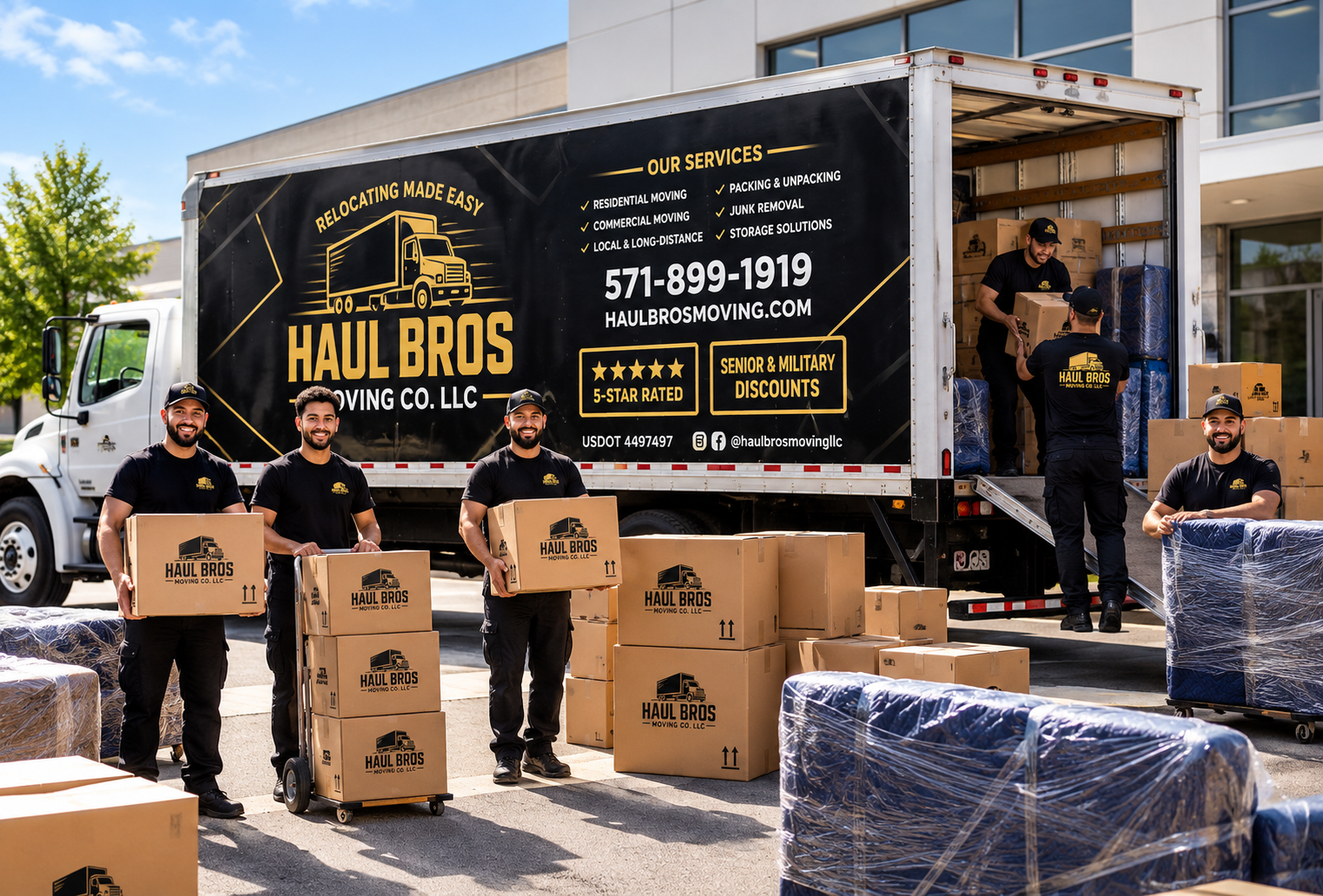 Haul Bros crew beside a truck with boxes and protected furniture