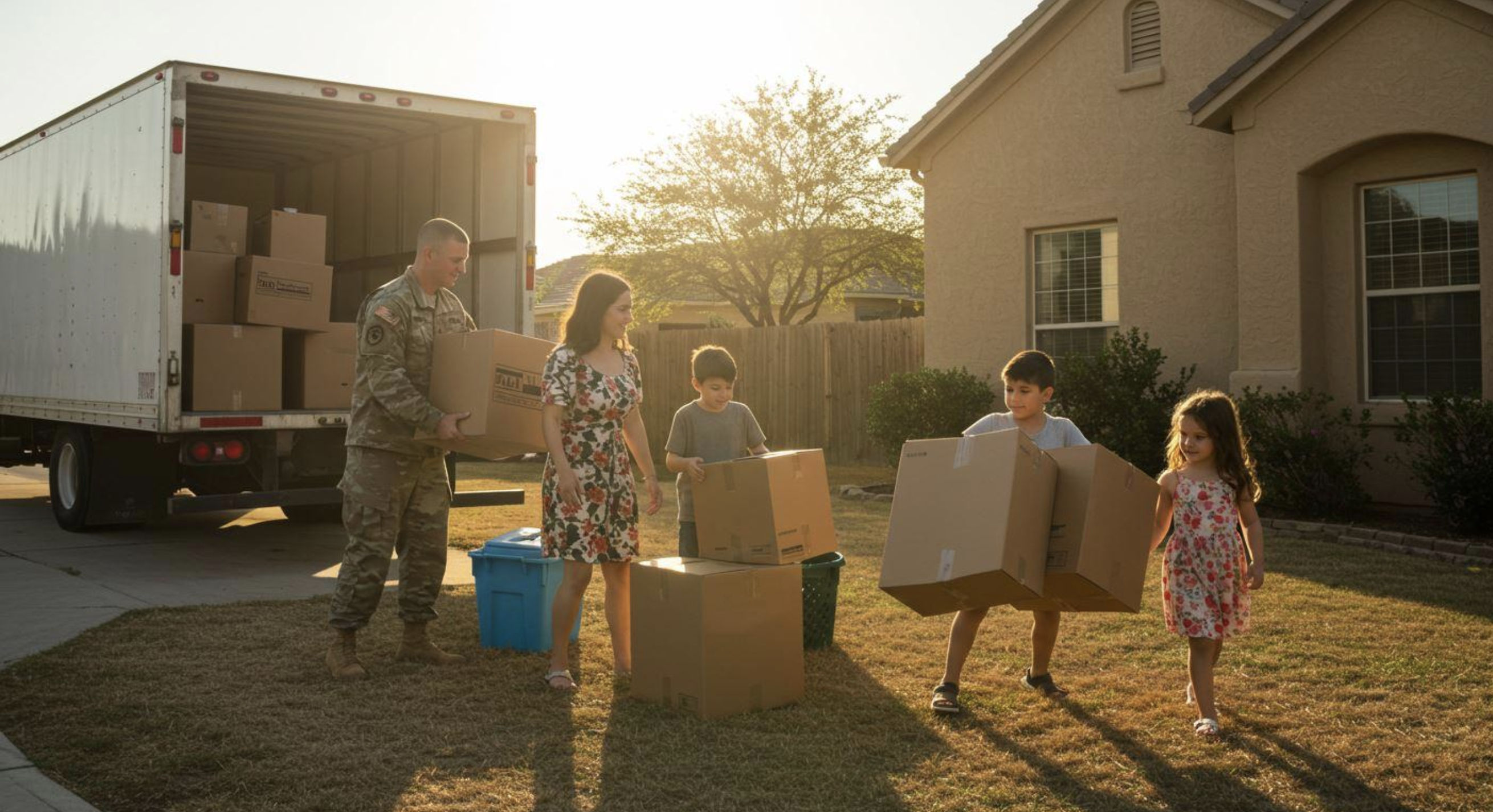 Military family carrying moving boxes beside a truck and home