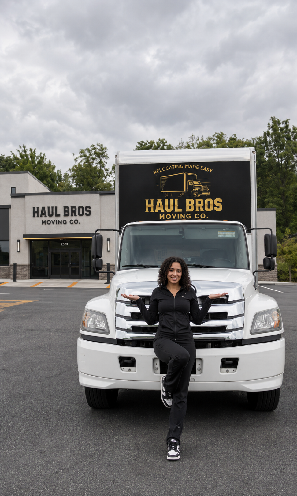 Woman standing in front of a Haul Bros moving truck