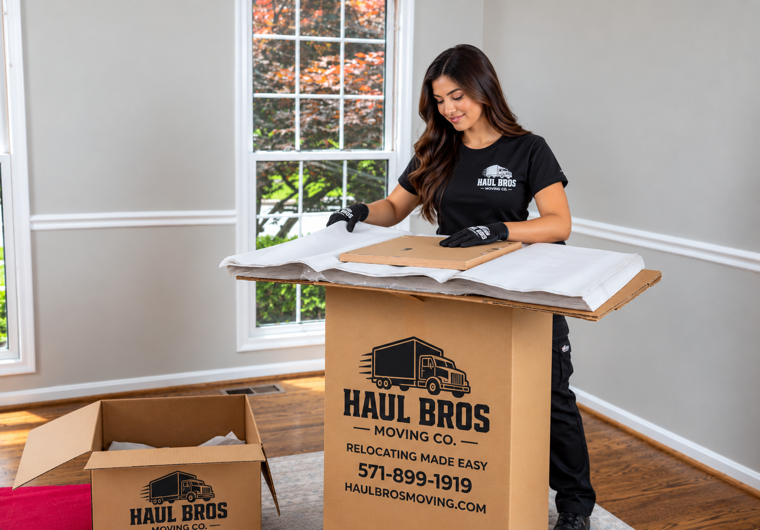 Person in a Haul Bros shirt preparing protective paper and a moving box