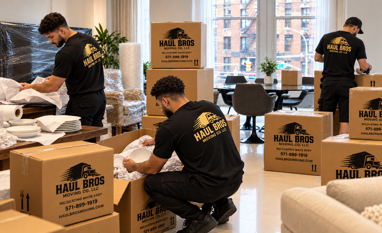 Haul Bros crew wrapping dishes and packing household items into branded boxes
