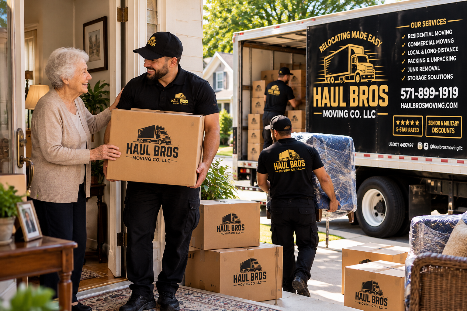 Haul Bros mover speaking with an older woman while the crew loads belongings