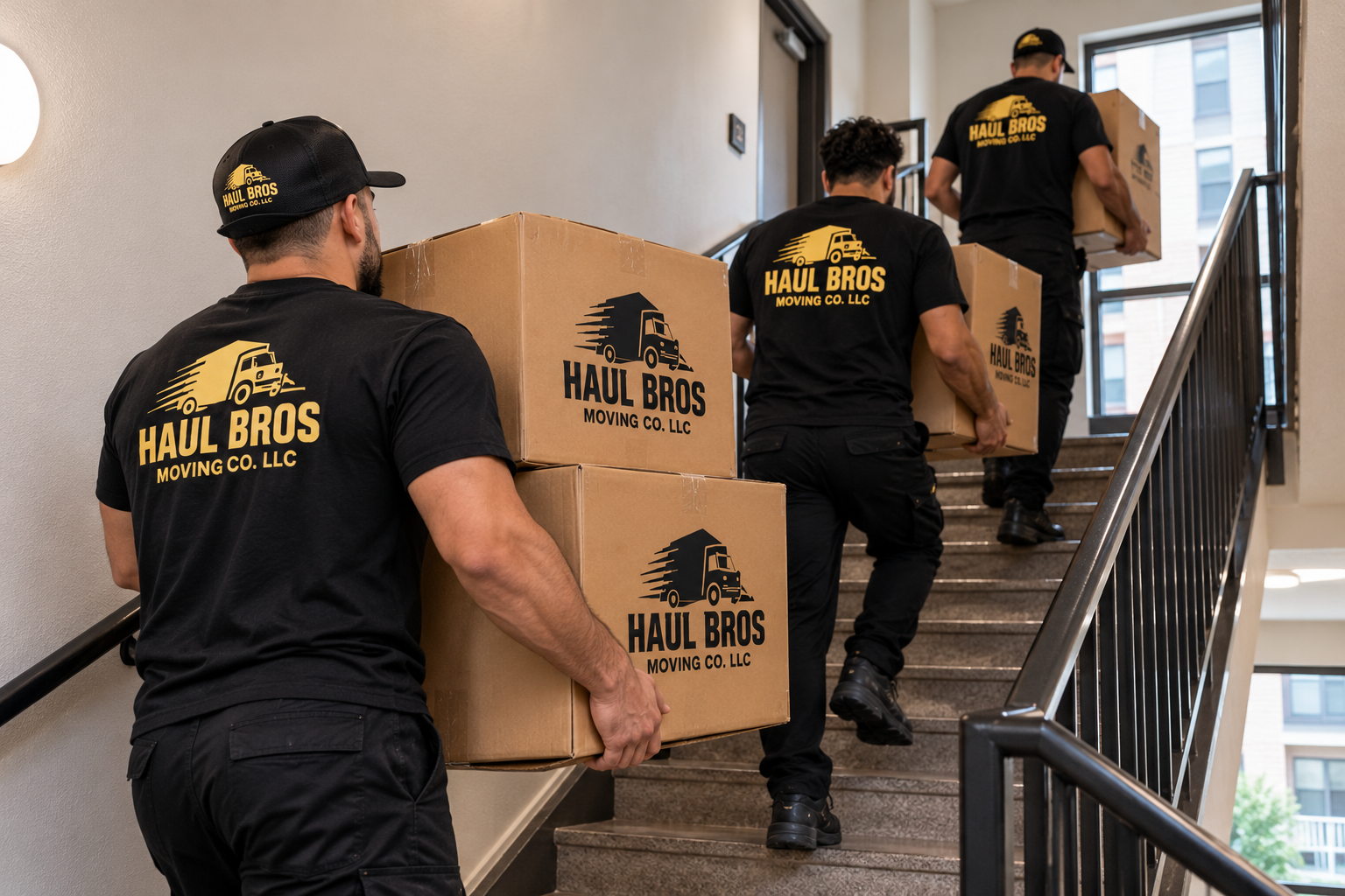 Haul Bros crew carrying boxes up indoor stairs